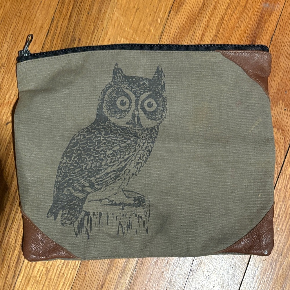 Owl Print Canvas and Leather Men's Bag